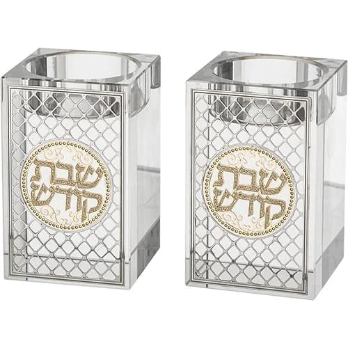 זוג פמוטי קריסטל מרובע עם פלקטה "עיטור" 8 ס"מ